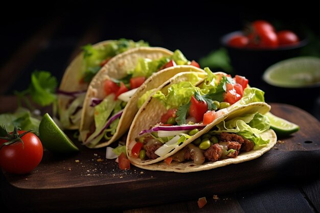 A graph of delicious and fresh tacos with vegetables shrimp chicken and meat with a special s