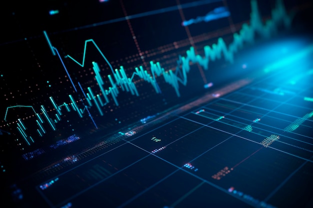 그래프 디자인 통계 다이어그램 네온 파란 빛과 주식 시장의 금융 지표 및 투자 AI 생성