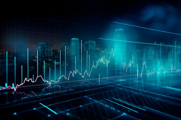 グラフ デザイン 統計図 ネオン 青い照明 株式市場と投資の金融指標 AI生成