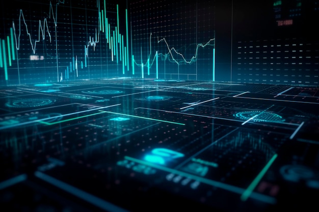 Graph design statistical diagram neon blue lighting with financial indicators of stock market and investment AI generated