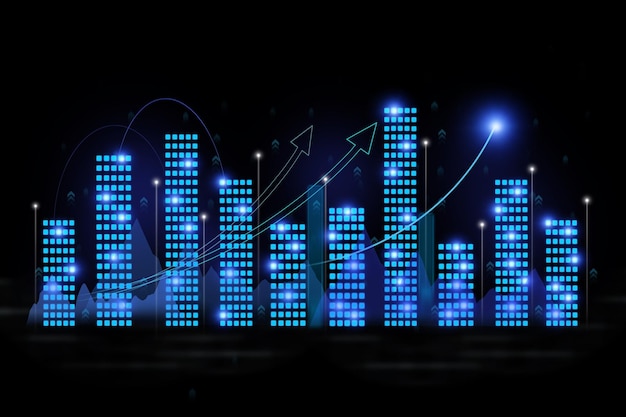 Graph of the development of profit and investment on a black background