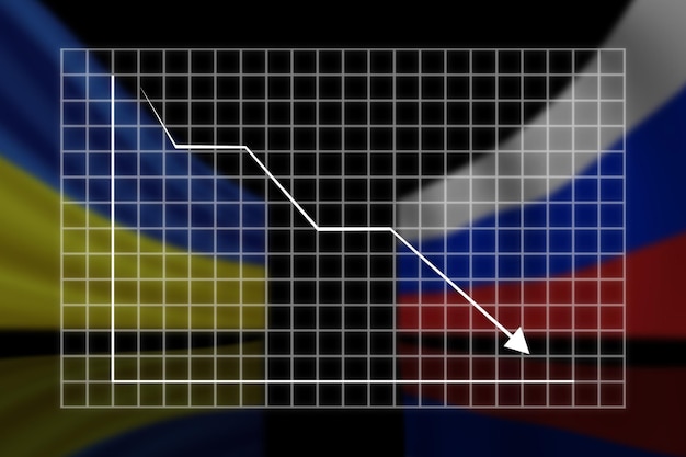 ウクライナとロシアのクローズアップの旗を背景にした落下のグラフ
