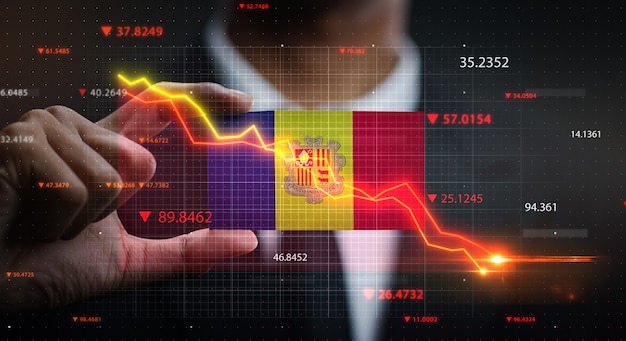 Grafico che cade davanti alla bandiera di andorra. concetto di crisi