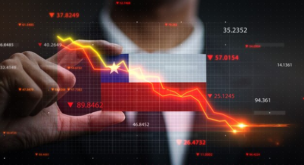 Grafico che cade davanti alla bandiera del cile. concetto di crisi