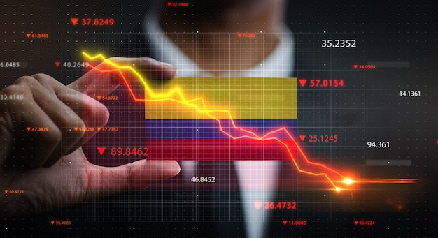 Grafico che cade davanti alla bandiera della colombia. concetto di crisi