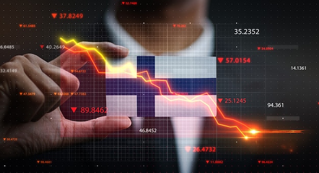 Grafico che cade davanti alla bandiera della finlandia. concetto di crisi