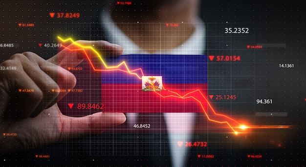 Graph Falling Down in Front Of Haiti Flag. Crisis Concept