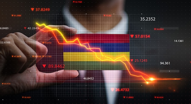 Graph Falling Down in Front Of Mauritius Flag. Crisis Concept