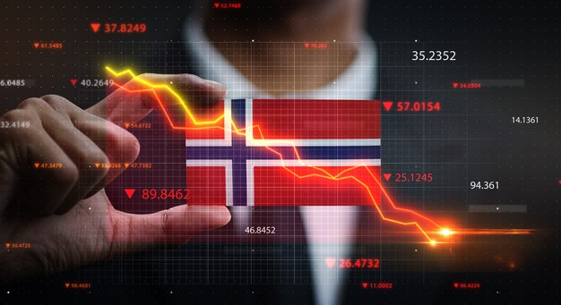 Grafico che cade davanti alla bandiera della norvegia. concetto di crisi