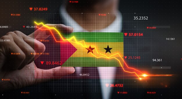 Grafico che cade davanti alla bandiera di sao tome e principe. concetto di crisi