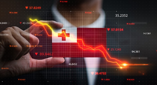 Graph Falling Down in Front Of Tonga Flag. Crisis Concept