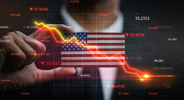 Graph Falling Down in Front Verenigde Staten van Amerika. Crisis Concept