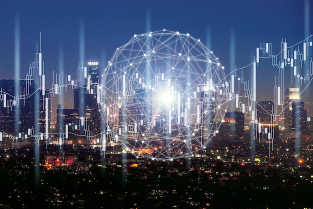 Graph hologram, aerial night panoramic cityscape. The concept of fundamental analysis.