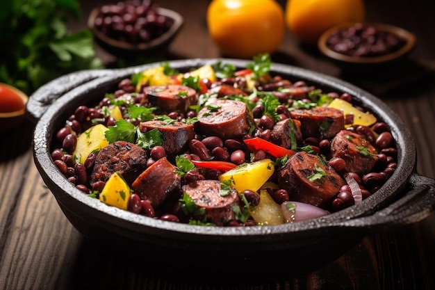 A graph of a steaming plate of feijoada brazilian food