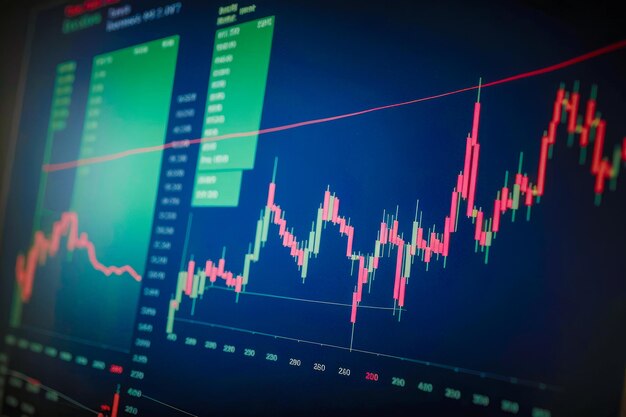 Graph of stock cryptocurrency forex and gold markets on screen with various technical analysis tools applied Data analysis to increase sales and revenue