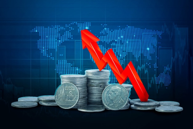 graph up and rows of coins for thailand and business concept