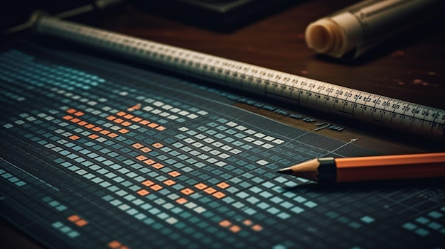 A graph with a pencil on it sits on a desk next to a graph.