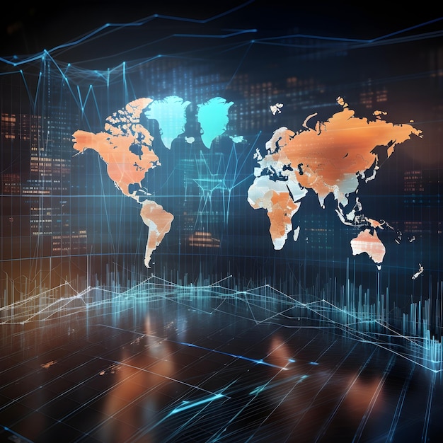 Graph on world map stock market concept background