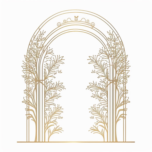 A graphic of an arch with gold leaves and the word garden on it.