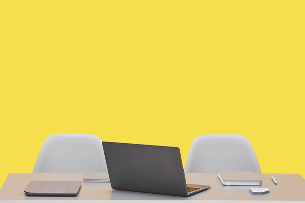 Graphic background image of business desk with laptop against pop yellow color, copy space