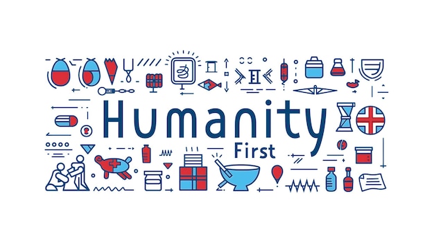 A graphic banner with Humanity First surrounded by medical and emergency icons in blue and red