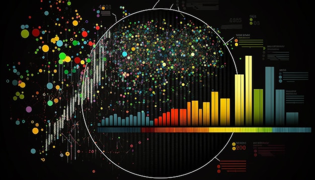 A graphic of a bar graph with a colorful bar chart in the middle.