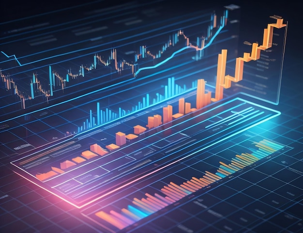 A graphic of a bar graph with a line chart in the middle.