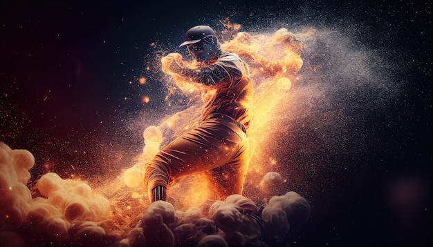 A graphic of a baseball player with fire flames