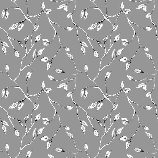 Graphic botanical seamless pattern Black and white leaves and branches on grey background print