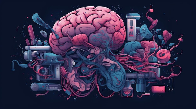 A graphic of a brain with a robot and a brain on it