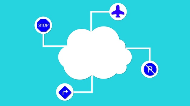 Foto grafico di una nuvola collegata a vari segnali stradali che simboleggiano il cloud computing e la navigazione dei dati