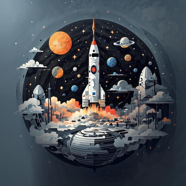 graphic design astronaut rocket landed on moon flat design space highly detailed clean vecto