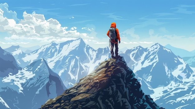 Graphic design of a climber standing on a mountain looking at the vast mountains AI generated Image