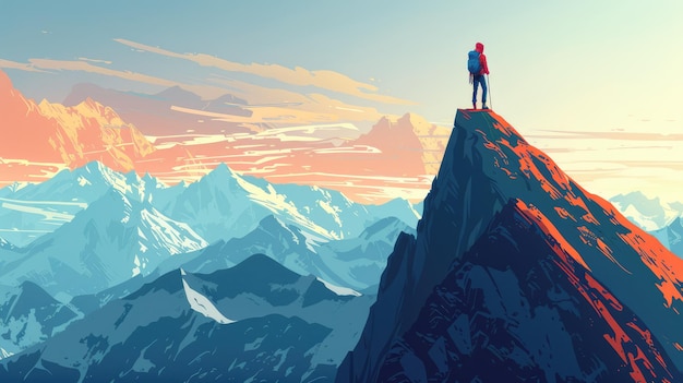 Graphic design of a climber standing on a mountain looking at the vast mountains AI generated Image