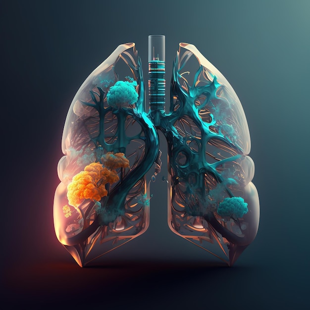 Graphic Design Concept 3D Human Lung Illustration with Smoked Iron, Metal, Gold, and Wood Elements