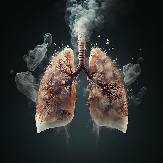 Graphic Design Concept 3D Human Lung Illustration with Smoked Iron, Metal, Gold, and Wood Elements