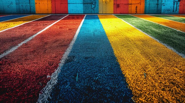 Photo graphic design of a football field with minimalist lines and bold color blocks