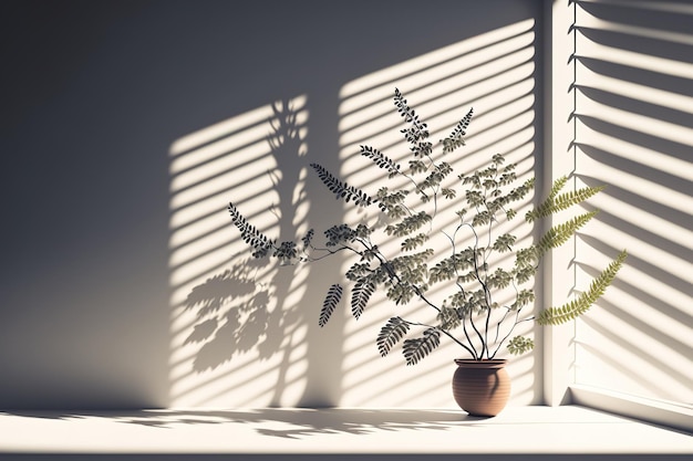 Graphic design illustration of window shadows with plant branches on the wall and realistic light blinds overlaying the jalousie shade on a white backdrop