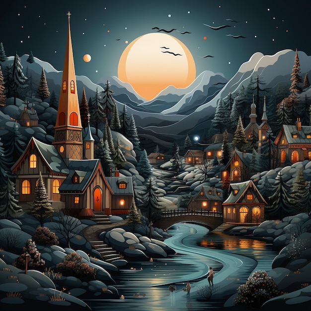 graphic design image of village at Christmas