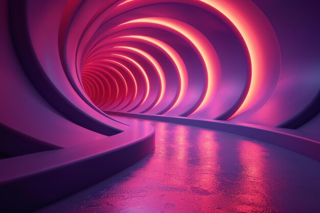 The graphic design is an abstract illusion of spiral with geometric shapes of pink and violet neon lines against a purple background