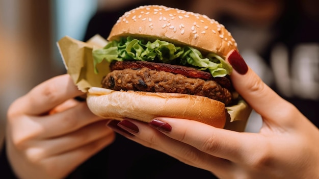 A Graphic Design Of A Person Holding A Veggie Burger With A Labe