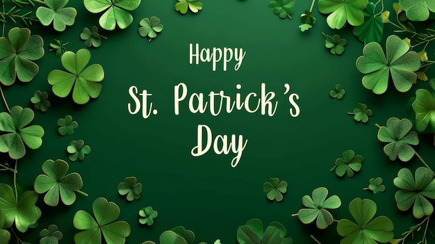 Graphic design for St Patricks Day with green clovers and a cheerful greeting on a dark background