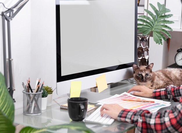 Graphic designer artist creative working on computer at desk in office.