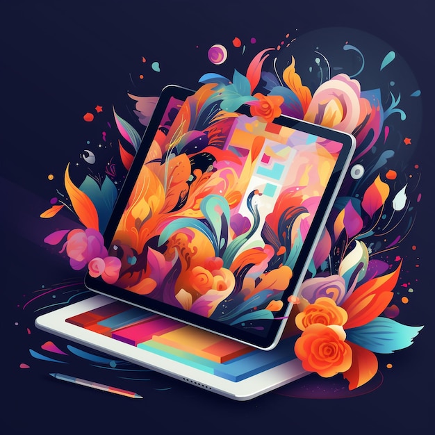 Photo graphic designer crafts vibrant logo on digital tablet flat illustration