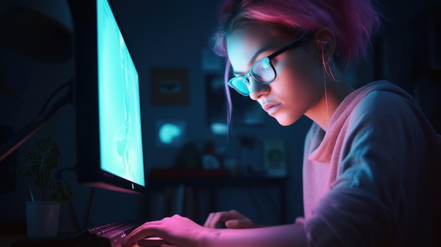 Графический дизайнер, женщина-кавказец, молодой взрослый, работающий за компьютером за столом в помещении с генеративным искусственным интеллектом AIG22