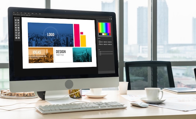 写真 コンピュータ画面に表示されるウェブページと商業広告の現代的なデザインのためのグラフィックデザイナーソフトウェア