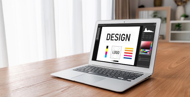 graphic designer software for modern design of web page and commercial ads showing on the computer screen