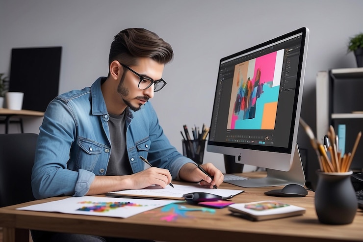 Foto graphic designer web artist werkt aan het retouchen van foto's