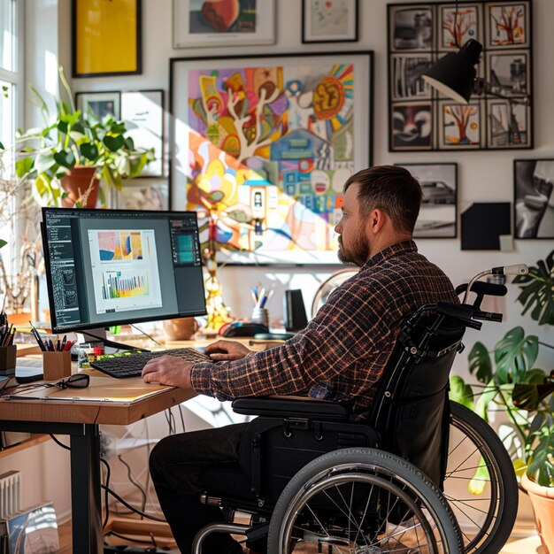 Photo graphic designer working on a wheel chair in his office