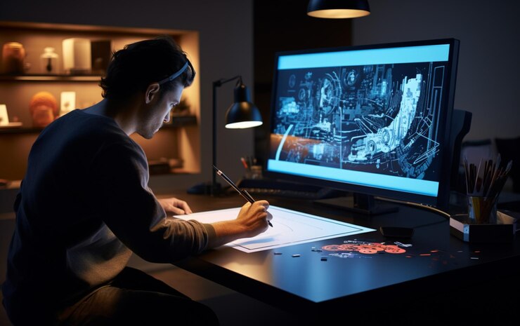 Photo graphic designer working with interactive pen display digital drawing tablet